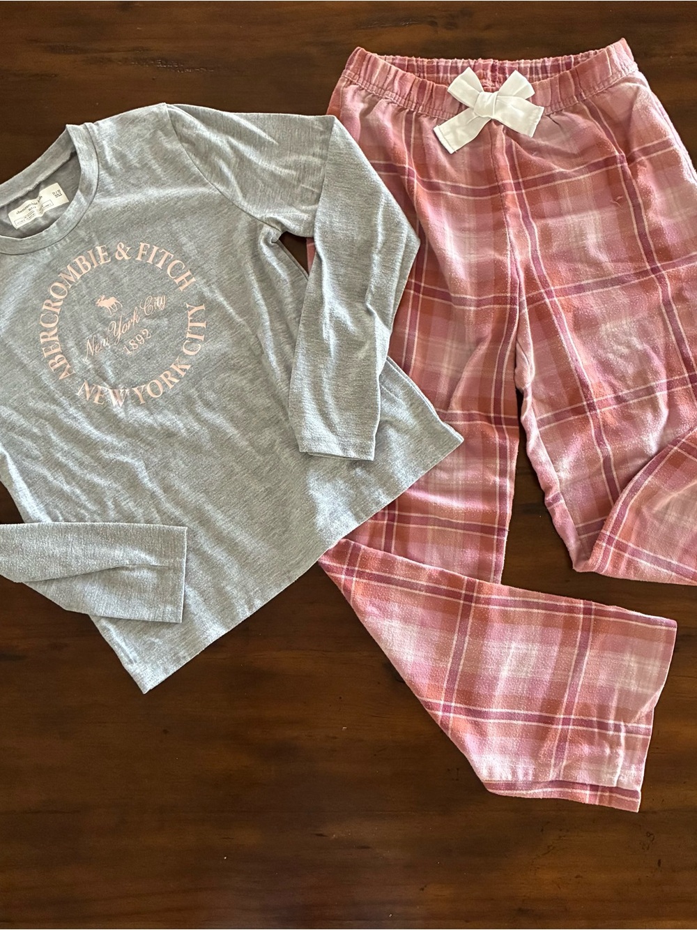 abercrombie kids soft pajama set with Gray Logo Top and Pink Plaid Pants